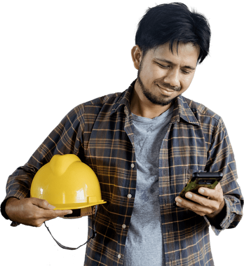 Resources worker looking at phone.