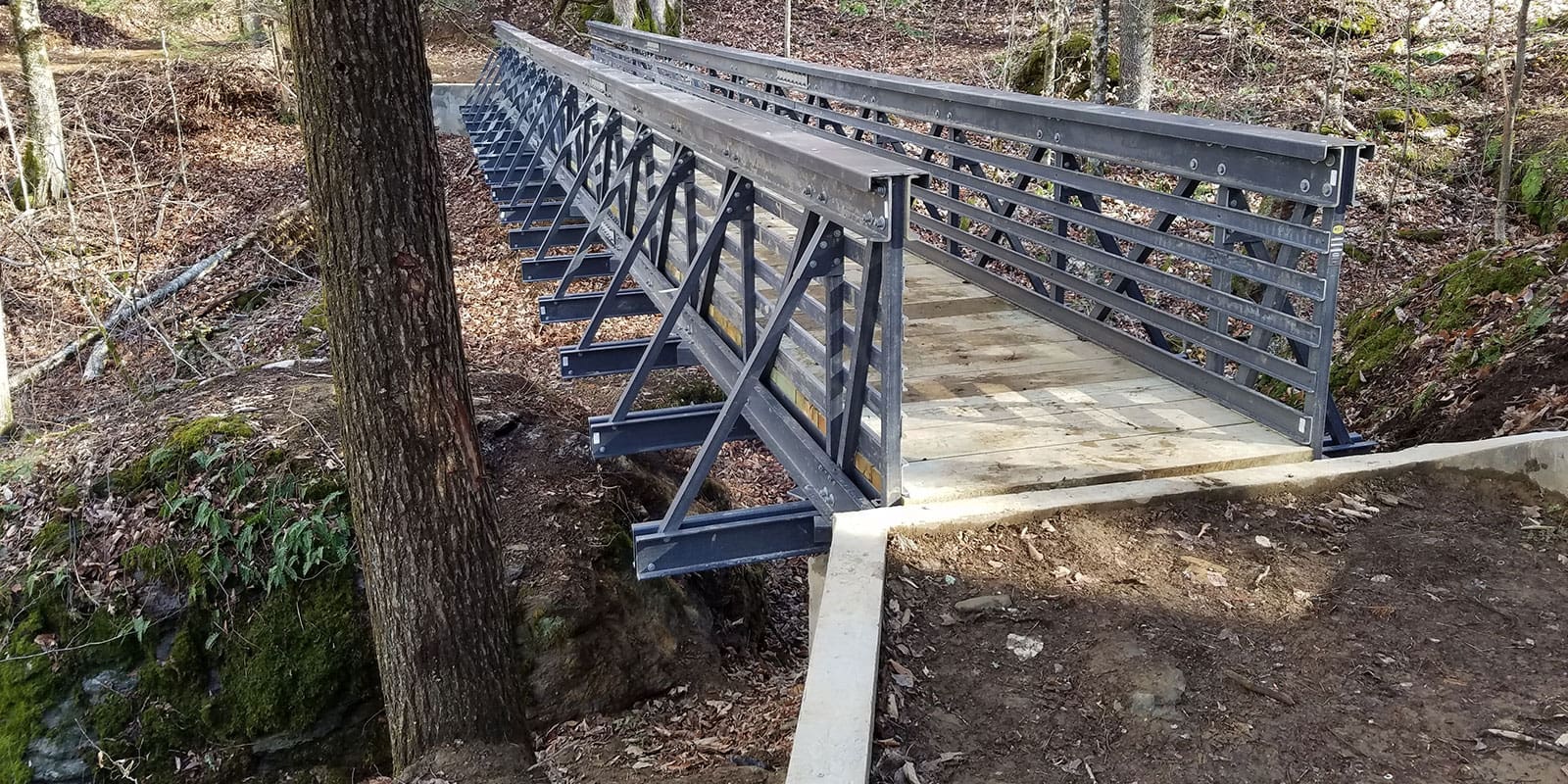 OSCO ReadySpan pedestrian bridge in a wooded area spanning a creek