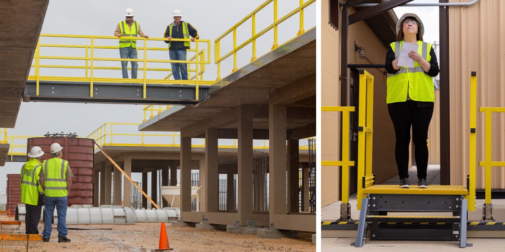 Workers in safety equipment using FRP guardings and stair systems on electrical substation project.