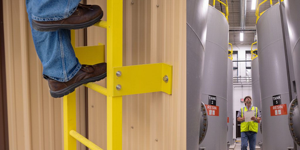 Boots on a ReadySeries ladder. Man inspecting work facility.