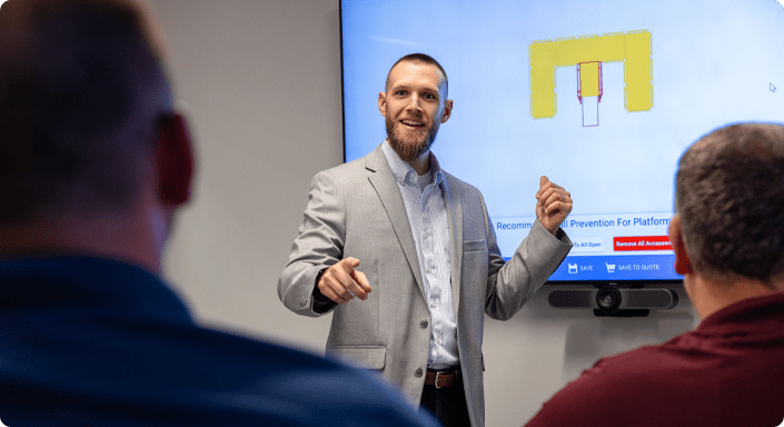 Man giving a presentation on OSCO safety products