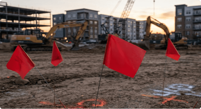 Red marking flags on a construction site
