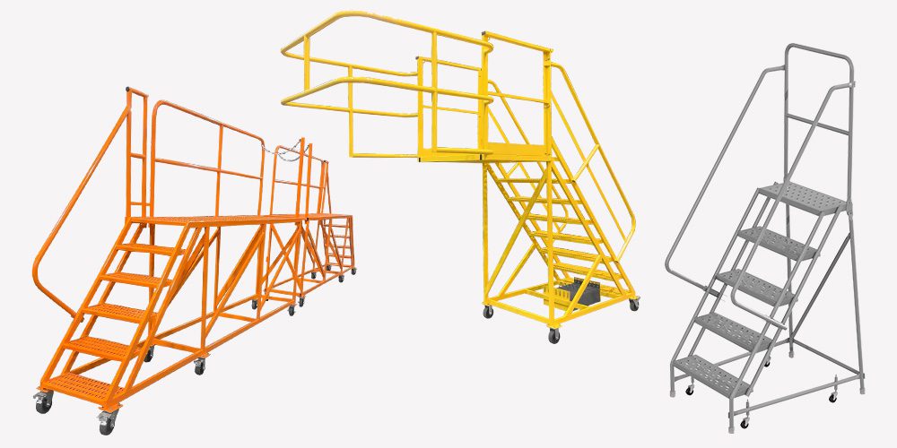 OSCO mobile steel rolling safety ladders with handrails and caster wheels, including orange platform walkway, yellow cantilever stair, and gray ladder.